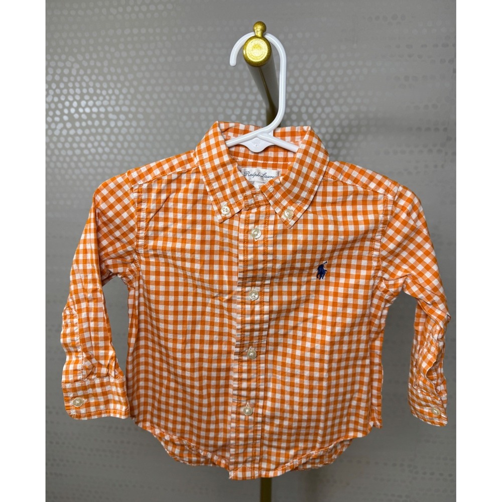 Ralph Lauren Baby Boys Orange White Gingham Check Long Sleeve Button Down 12M